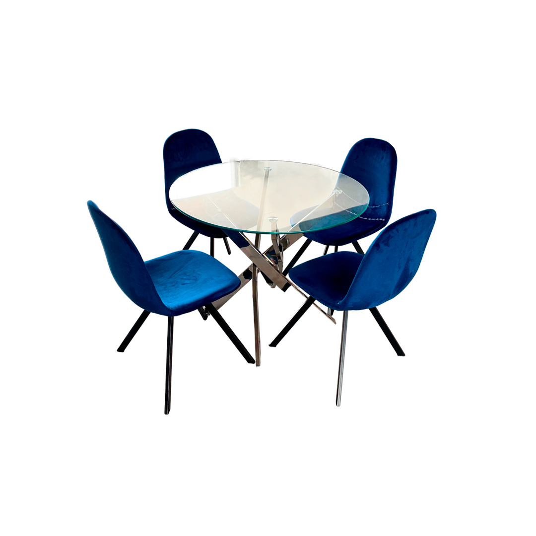 COMEDOR FLORENCIA REDONDO 4 PTOS SILLAS AZUL CROMADAS IGS0024 3 CAJAS